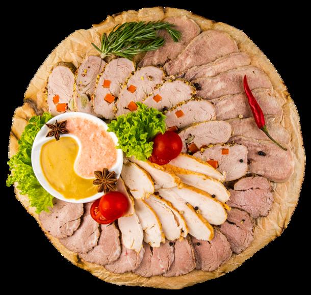 Мясные деликатесы: буженина, говядина, куриный рулет с овощами с нежным сливочным хреном и горчицей